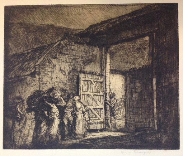 Farmyard gateway with low buildings beyond, figures emerging some carrying baskets on their backs