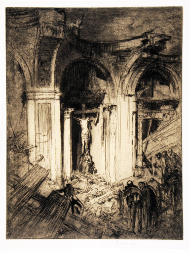 Headless statue of Christ crucified, the Virgin standing beside cross, in chapel of ruined church.  Debris in foreground with figures right.