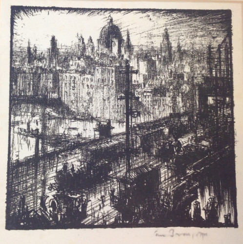 View over railway bridge with steam engines and signal box foreground to river beyond with city buildings and dome of St Paul's Cathedral in background