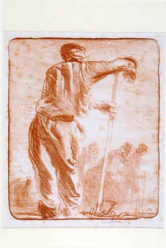 Red image of rear view of labourer standing leaning on his hoe