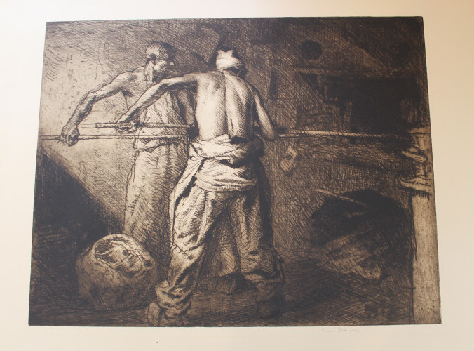 Two men standing, the foremost stripped to the waist, holding long poles with which they rake out a baking oven
