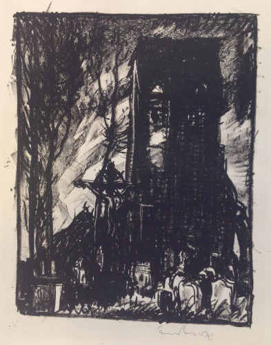 Cross, gravestones and tombs among trees foreground with church and belfry beyond