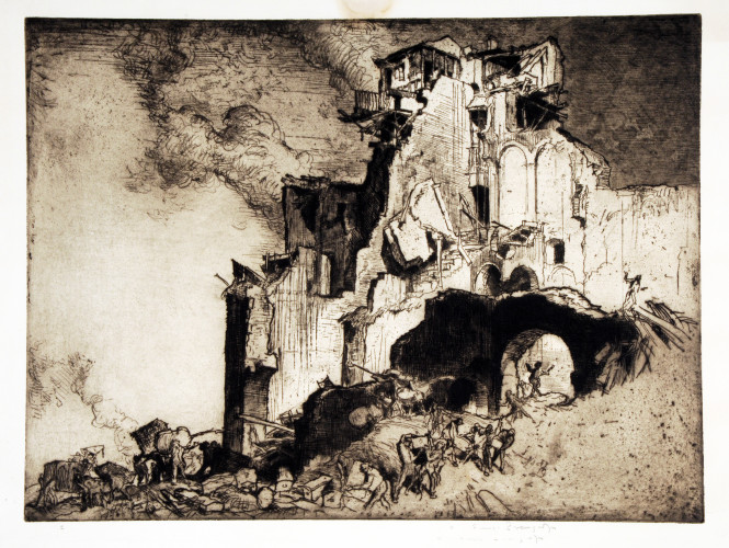 Etching of figures digging among rubble and salvaging goods foreground, walls of ruined houses behind
