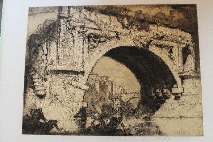 Figures in boats left and centre on river, others pasing over old ruined bridge with view through arch to other bridge and buildings beyond
