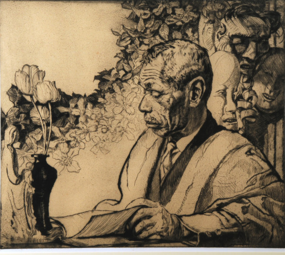 Portrait of elderly Japanese man reading, tulips on table alongside book, three face masks behind shoulder