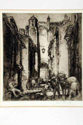 Busy, narrow sunlit street leading to towers of Porte St Jacques, men with horse in foreground