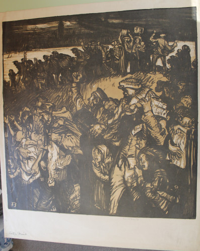 Groups of figures and children carrying bundles foreground, ruined town background