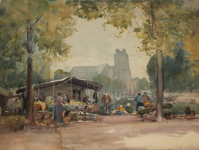 Outdoor market with cathedral in background