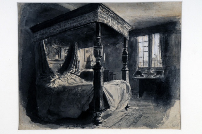Black and white image of four poster bed