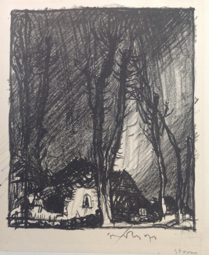 Cottage among trees under stormy sky