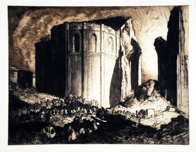 Figures attending an open air service among the debris of buildings foreground, with ruined apse of church beyond