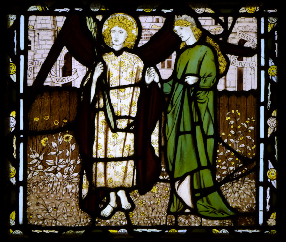 stained glass window of the God of Love and Alceste