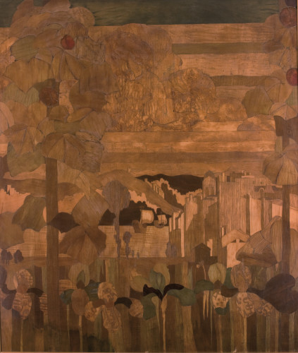marquettry panel of wooded landscape
