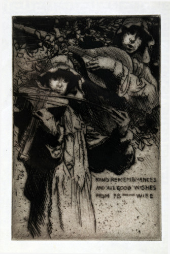 Christmas card with greetings showing two boys with hats and scarves playing stringed instruments