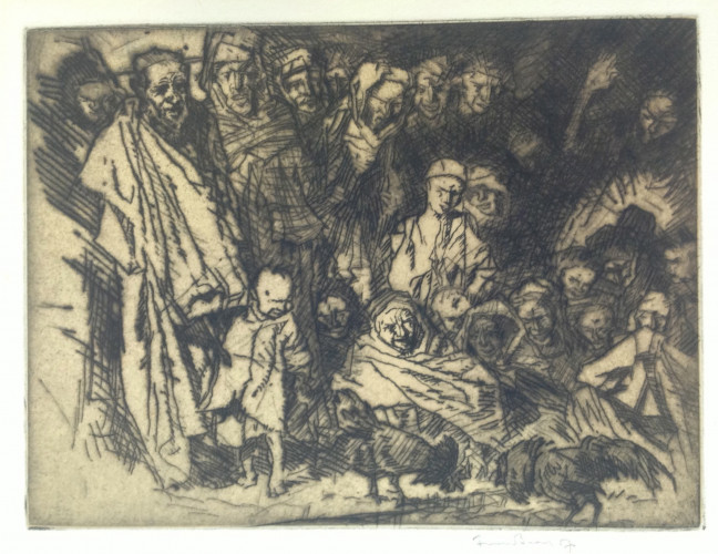 Man holding child by hand standing left seated and standing figures right watching cock fight