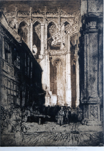 People in the shaded street dwarfed by the sunlit church behind