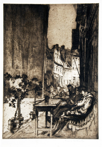 Figures seated on benches at tables outside cafe, view down sunlit street with figures in background