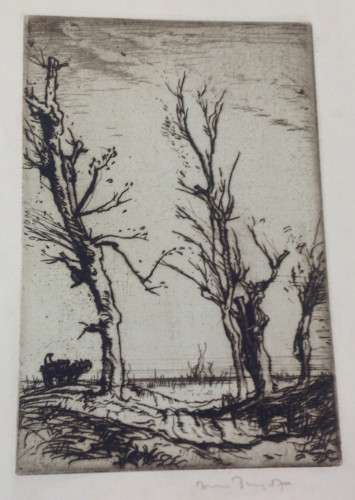 Rough cart track centre with trunks of bare trees at either side, with flat landscape beyond