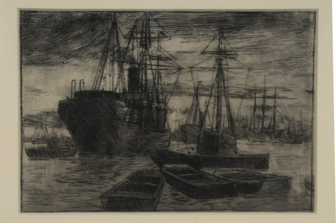 Rowing boats moored around a fleet of sailing ships