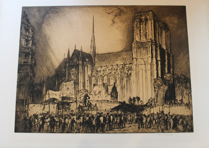 Figures grouped around speakers on raised platforms, some holding banners with slogans, Gothic church with towers background right