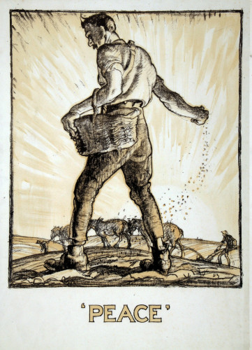 Man with basket sowing corn, a team of horses ploughing led by man background