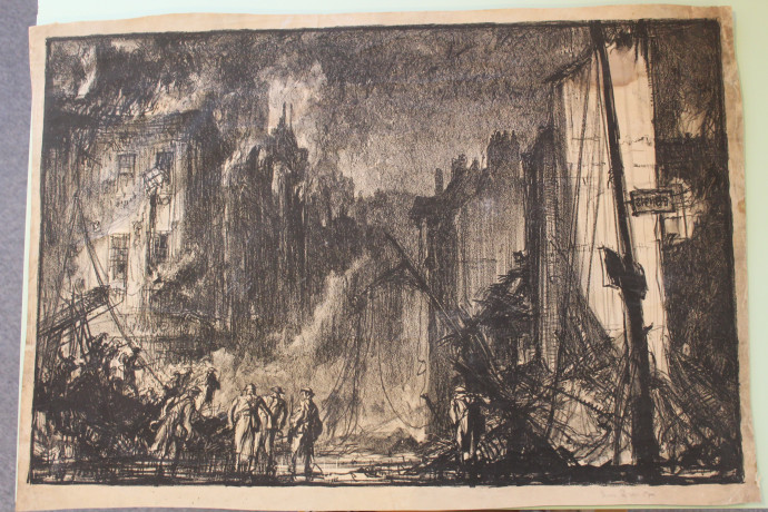 Soldiers foreground, view down streets with ruined buildings and debris