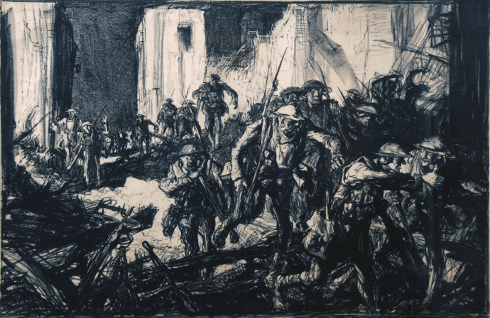 Soldiers in ruins of town