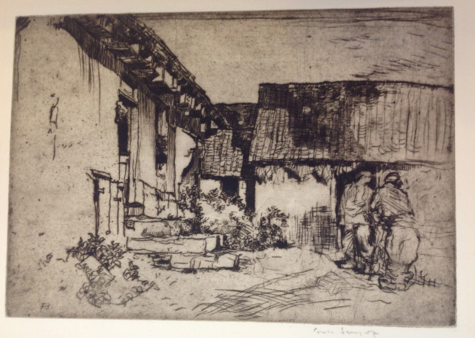 Farmyard surrounded by roofed buildings, two figures conversing right