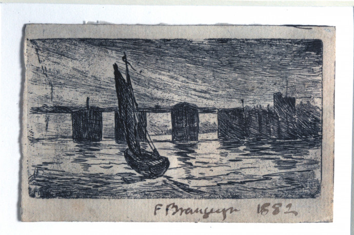 Small sailing boat approaching the piers of a wide bridge near the end pier and tower at one bank