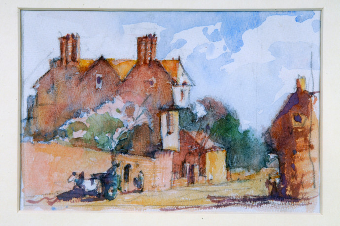 Big house with horse and cart outside in street