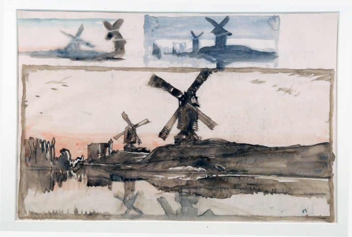 Two windmills on banks of river in one large and two small sketches on one sheet