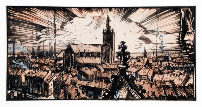 Town with view across roofs of houses to church with tower