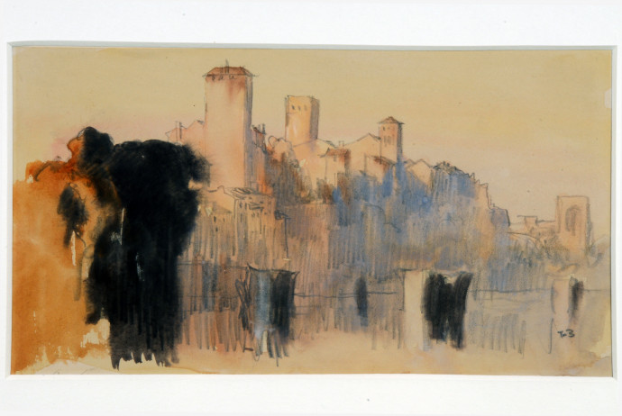 Town above river with remains of bridge