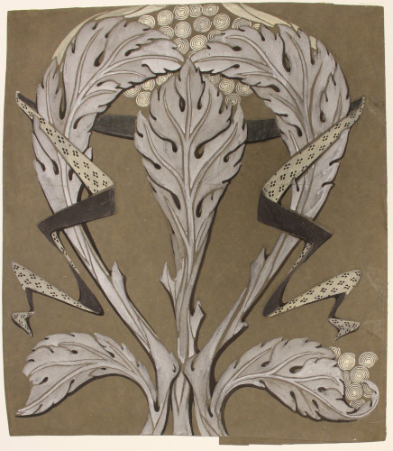 A monochrome design of curved leaves on a brown paper background