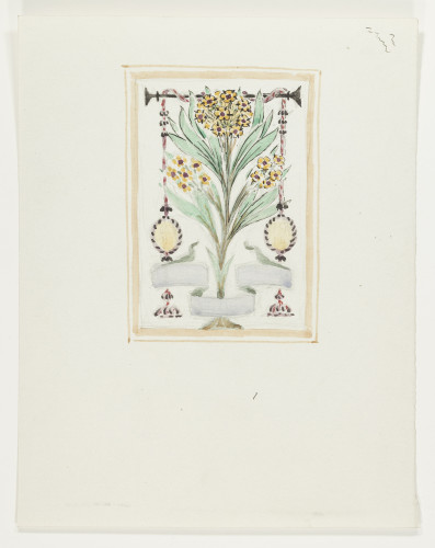 Green leaf and yellow flower with ribbon and hanging tassel bordered in brown.