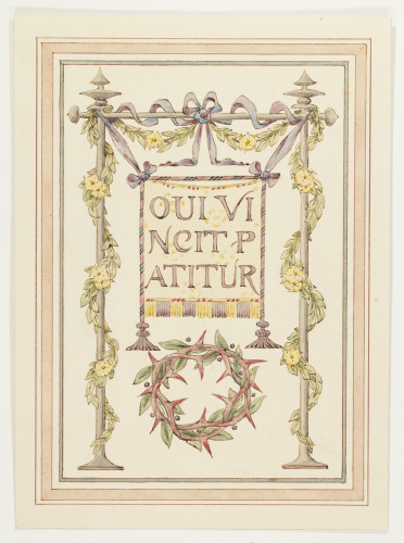 Grey pillar, green leaf and yellow flower wreath, and purple ribbon with hanging yellow text banner. Red thorn, green leaf and grey berry wreath below.