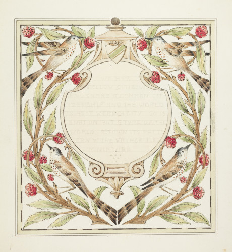 Square design featuring branches, leaves, berries and four birds, one at each corner, surrounding a pencil text.