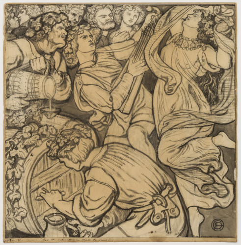 A busy drawing showing people feasting and drinking