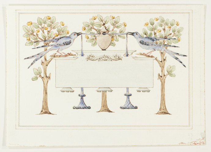 Design for ornamented verse with blank tablet in centre, in blue, brown, green and yellow watercolour