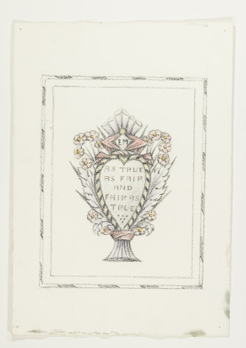 Design for ornamented verse for Valentine (?) to E.M. (his wife), in black, pink and mauve.