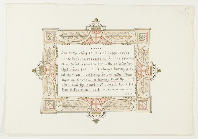 Design for ornamented text, in buff, green and pink.