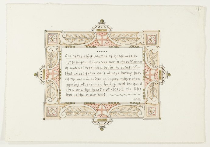 Design for ornamented text, in buff, green and pink.