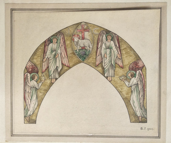 Design for mosaic over chancel arch featuring a lamb and a cross in the centre flanked by two angels on either side.