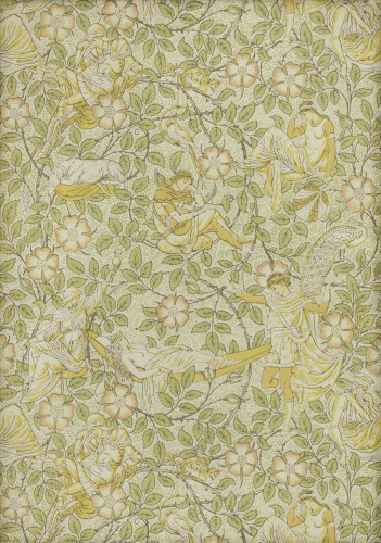 Repeating wallpaper pattern of sleeping figures, roses, thorny vines and peacocks