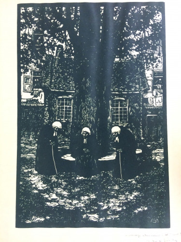 three old ladies wearing bonnets resting under a tree