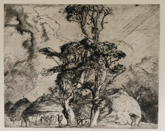 A monochrome print showing swirling winds, trees and cottages