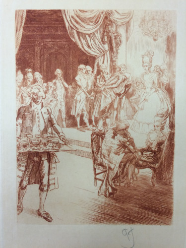 man holding tray with drinks and more people behind