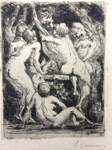 group of nude woman and child with demon figure