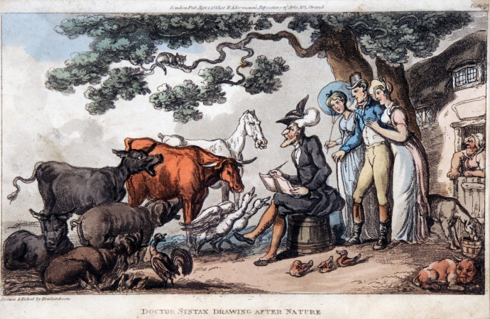 A man sketching farmyard animals in front of a cottage