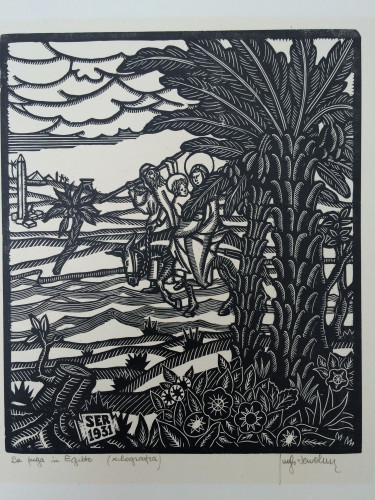 woman and child on donkey with man walking past palm tree towards town